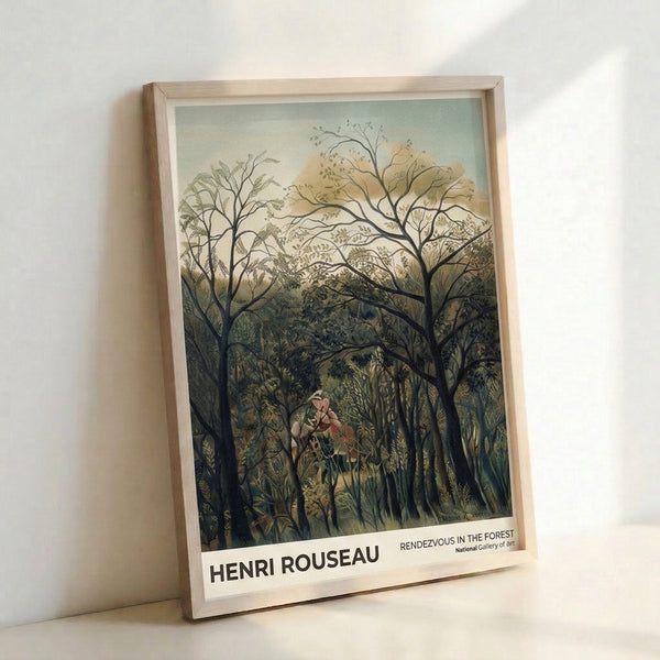 Dark academia wall art depicting an intimate woodland rendezvous surrounded by charcoal and sage foliage in romantic vintage Impressionist style.