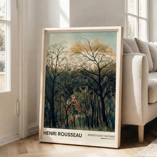 Mysterious forest landscape poster with a couple nestled within dense vegetation, painted in soft ochre, teal, and green hues on framed canvas.