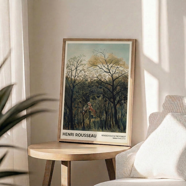 Vintage woodland poster art with romantic mood, featuring figures in a dreamlike forest setting rendered in rich sage and cream tones.