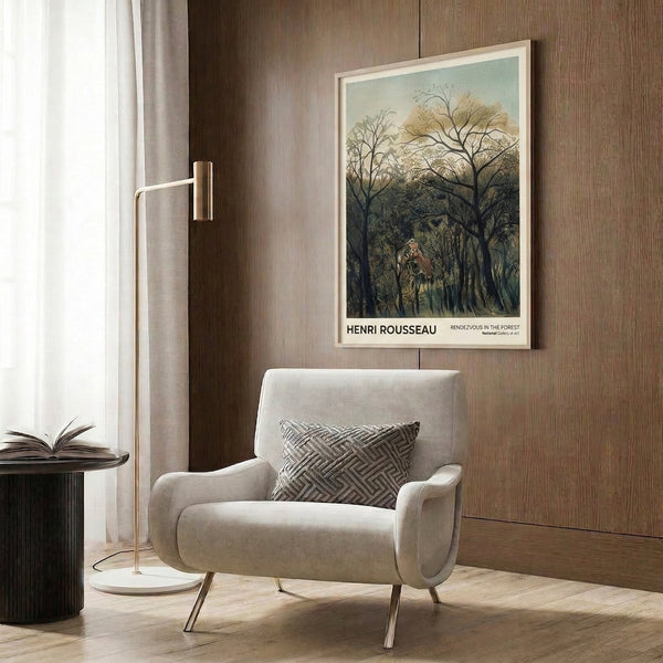 Framed Impressionist-style forest poster showcasing ethereal woodland scenery with romantic figures among layered foliage in charcoal and teal.