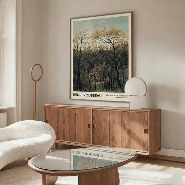 Enchanted forest wall print with mysterious, dreamlike quality; romantic woodland scene in muted cream, sage green, and ochre palette.