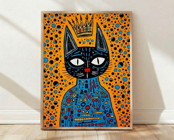 Bold pop art poster featuring a black cat wearing a golden crown, rendered in vibrant orange, blue, and red tones with a playful, regal attitude.