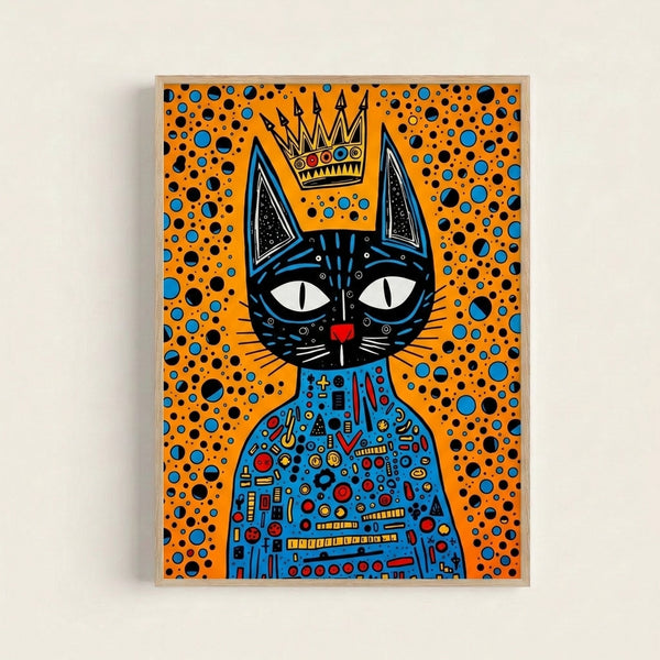 Quirky Lichtenstein-style framed print of a crowned black cat king against a bright, graphic background in orange and blue.