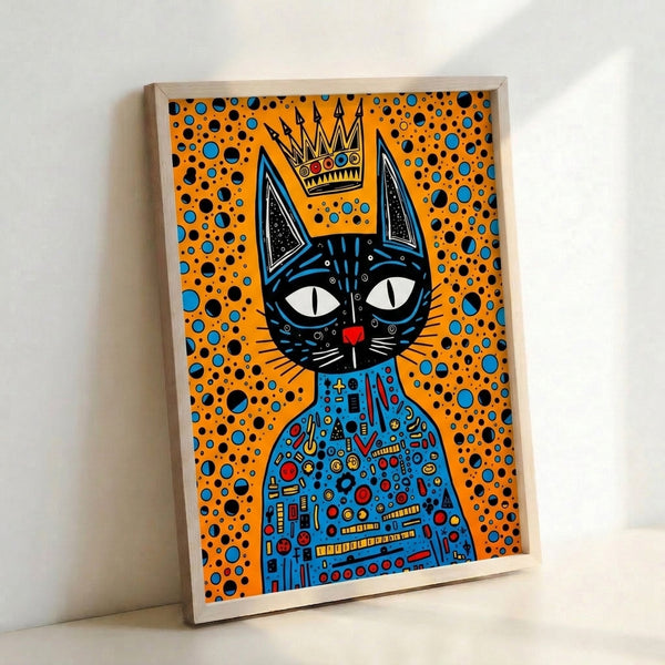 Pop art wall print showcasing a black cat with an ornate crown in a bold, humorous composition using vivid orange, red, and blue colors.