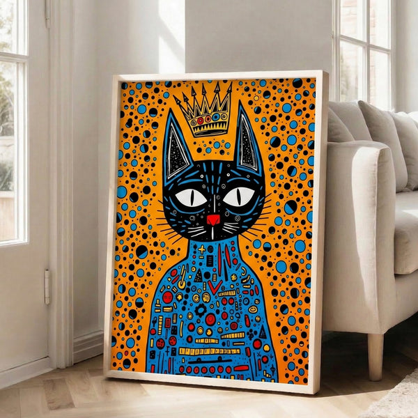 Framed pop art poster of a majestic black cat donning a crown, with striking graphic elements in orange, blue, and white.