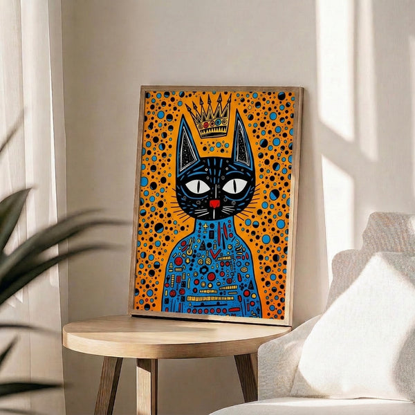 Playful pop art print featuring a crowned black cat rendered in bright orange, red, and blue with bold graphic lines and pop art styling.