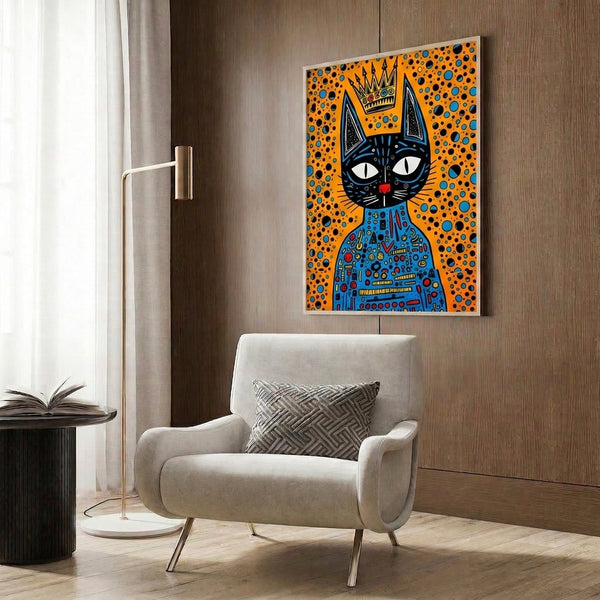Black cat pop art wall art with a golden crown, combining vibrant color blocking in orange, blue, and red with a cheeky, authoritative mood.