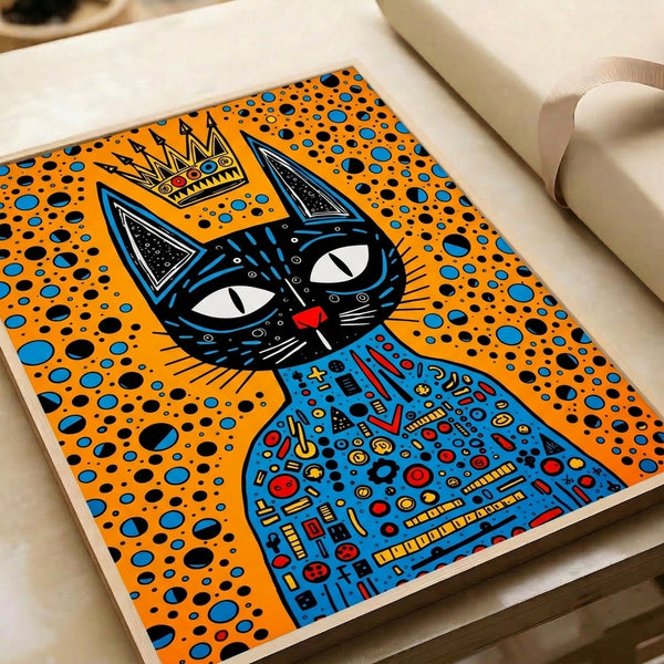 Graphic pop art poster of a regal black cat wearing a crown, executed in bold orange, blue, and red tones with comic book-style visual impact.