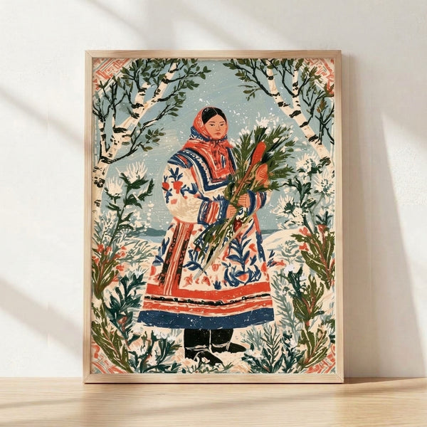 Framed folk art print depicting a woman in traditional winter clothing surrounded by birch branches and evergreens in cream, slate blue, red, and forest green tones, evoking nostalgic cozy winter atmosphere.