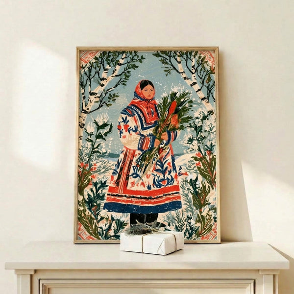Vintage-style folk art poster showing a serene woman among snow-dusted birch trees and evergreen boughs in a palette of cream, navy, and red, conveying peaceful winter nostalgia.