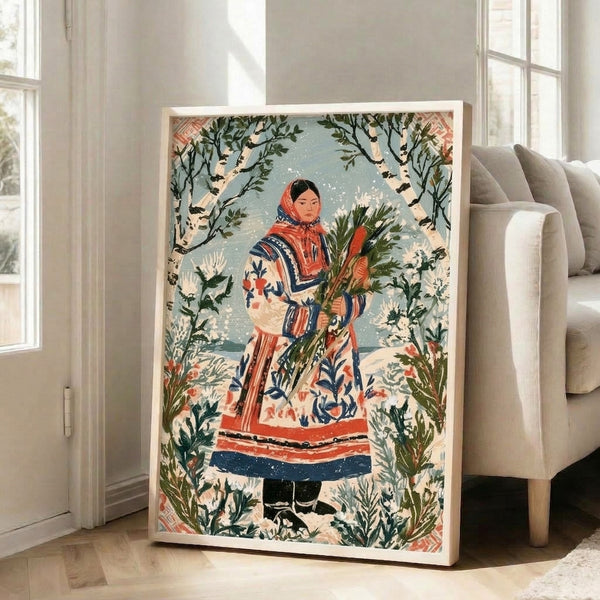 Folk art wall print featuring a woman in period dress nestled among birch and evergreen branches in cream, slate blue, and forest green, capturing the mood of quiet winter tranquility.