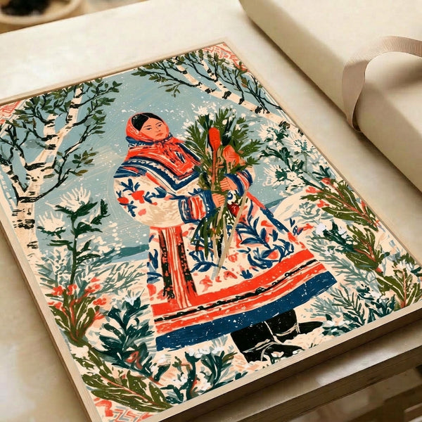 Retro folk art framed poster of a woman surrounded by winter foliage in cream, red, navy, and green tones, presenting a peaceful and nostalgic seasonal aesthetic.