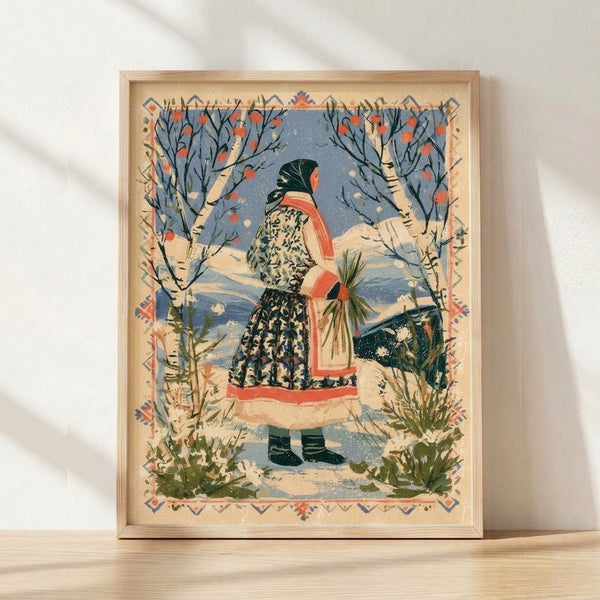 Framed vintage folk art poster depicting a woman in traditional Russian dress standing in a snowy birch forest with rowan berries, rendered in soft cream, slate blue, coral red, and forest green tones.
