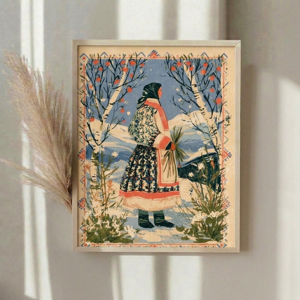 Nostalgic folk art print featuring a traditionally dressed woman in a winter forest landscape with birch trees and rowan berries, framed and displayed with a peaceful, folkloric aesthetic in muted gold and slate blue hues.