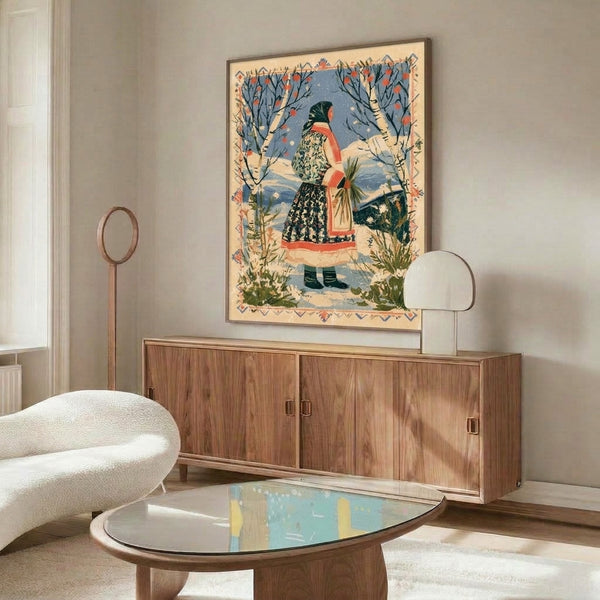 Vintage-style folklore poster art of a woman surrounded by snowy birch forest and coral-red rowan berries, capturing peaceful, cottagecore charm through soft cream, green, and blue tones.