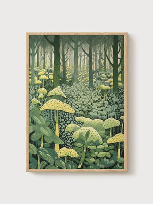 Mushroom Forest Wall Art poster in oak frame