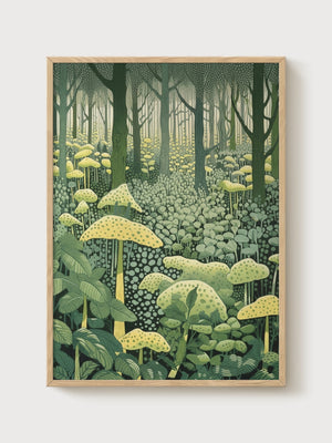 Mushroom Forest Wall Art poster in oak frame