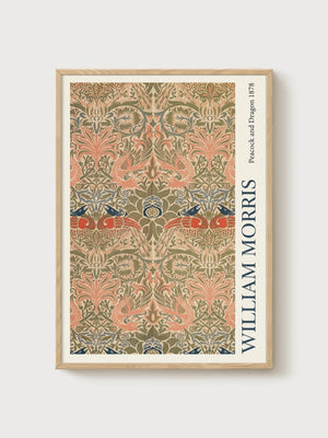 William Morris Peacock and Dragon Print poster in oak frame