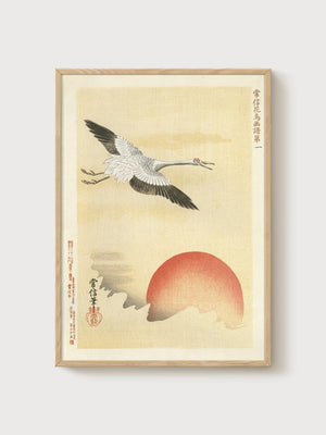 Ito Jakuchu Crane Woodblock Print poster in oak frame