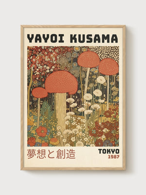 Yayoi Kusama Mushroom Poster poster in oak frame