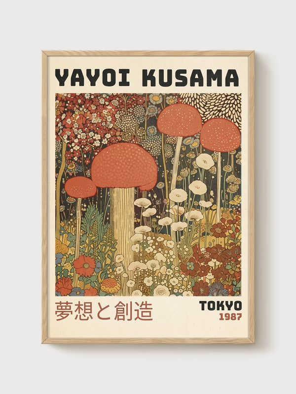 Yayoi Kusama Mushroom Poster poster in oak frame