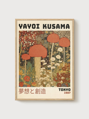 Yayoi Kusama Mushroom Poster poster in oak frame