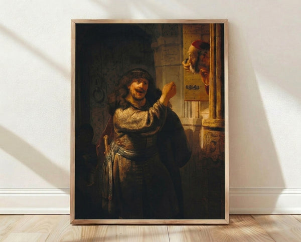 Baroque oil painting of Samson Threatening His Father-in-Law, featuring dramatic golden light and rich earth tones with deep shadows in the style of Rembrandt.