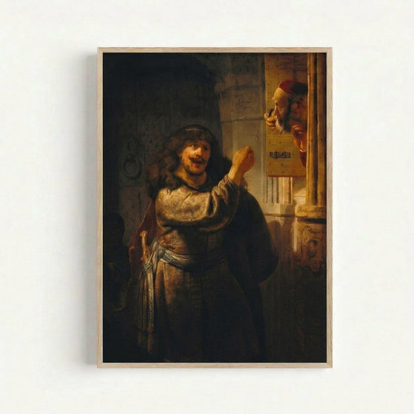 Framed Rembrandt masterpiece depicting a tense confrontation between Samson and his father-in-law, rendered in classical baroque style with warm ochre and brown hues.