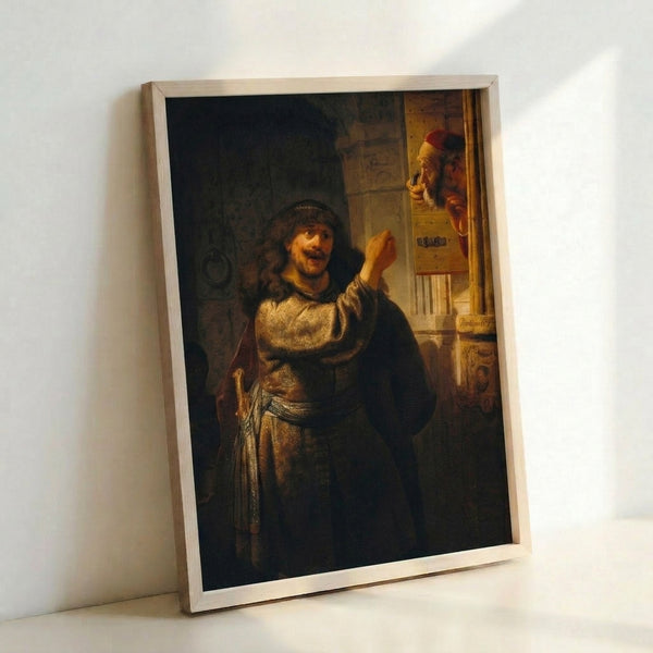 Samson Threatening His Father-in-Law by Rembrandt, a dramatic biblical scene with expressive figures in warm amber and bronze tones against shadowed background.