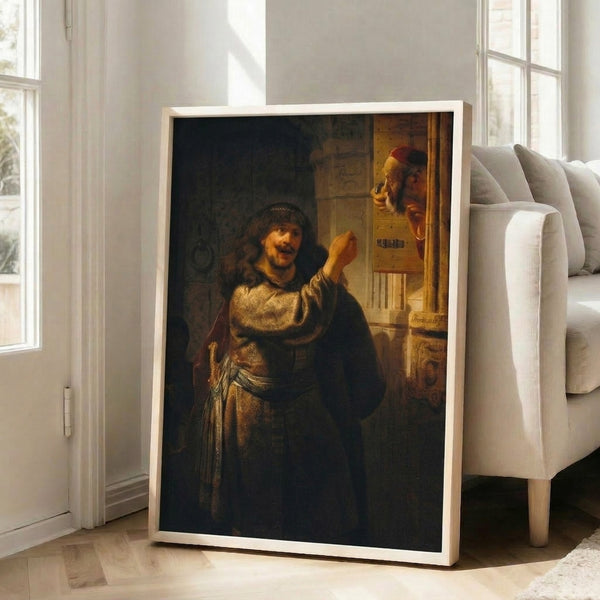Old Master baroque painting showing Samson in an aggressive pose toward his father-in-law, characterized by Rembrandt's masterful use of chiaroscuro and golden light.