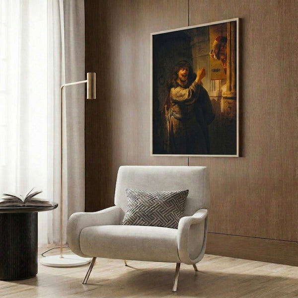 Rembrandt's Samson Threatening His Father-in-Law displayed as a framed art print, showcasing baroque realism with intense emotion and classical composition in warm earthy tones.