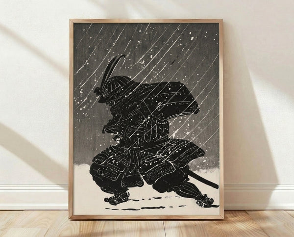 Japanese woodblock-style poster art depicting a solitary samurai warrior in traditional armor standing resolute amid falling snow and rain, rendered in dramatic black, white, and charcoal tones.