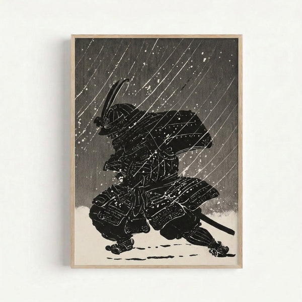 Framed line art print showing a contemplative samurai figure with katana, surrounded by sweeping rain and snow against a minimalist monochromatic background in classic Japanese artistic tradition.