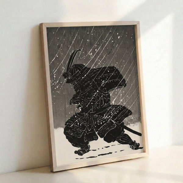 Black and white Japanese woodblock poster featuring a stoic armored samurai warrior caught between snow and rainfall, capturing a moment of quiet intensity and dramatic atmosphere.