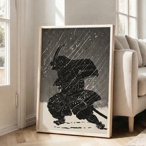 Charcoal and black poster art in the style of Japanese woodblock prints, portraying a solitary samurai warrior amid swirling snow and rain with resolute expression and traditional armor.