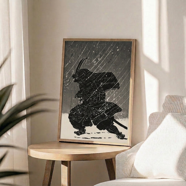 Contemplative Japanese art print with a lone samurai warrior rendered in expressive line work, framed against a stark white ground with falling snow and rain elements in monochrome palette.