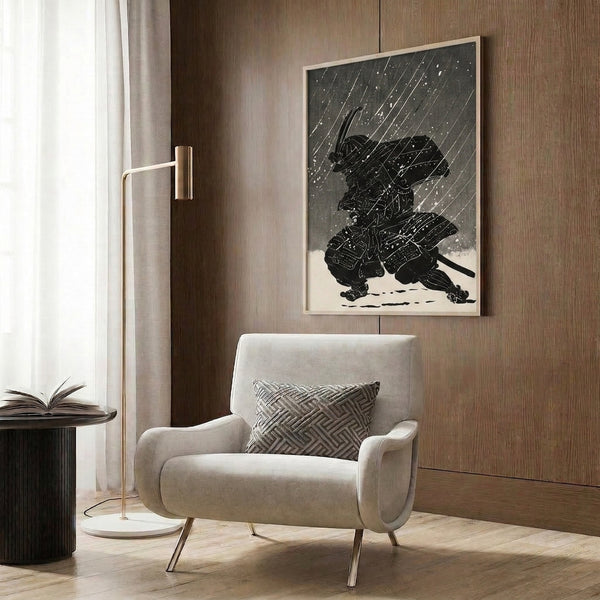 Dramatic minimalist poster depicting a samurai in traditional armor standing steadfast through rain and snow, executed in bold black and charcoal lines inspired by Japanese woodblock aesthetics.