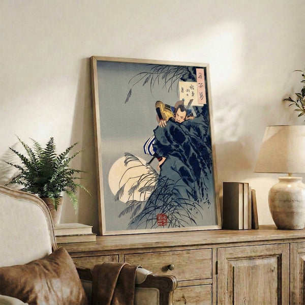 Japanese woodblock-style framed print capturing a contemplative samurai ascending moonlit cliffs with katana and willow tree motifs in gold, cream, and charcoal tones.