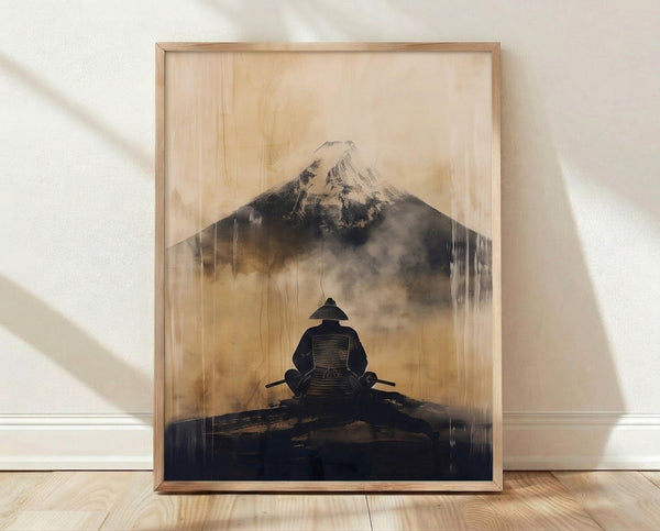 Minimalist Japanese woodblock-style framed poster depicting a stoic samurai warrior in silhouette facing the distant Mount Fuji, rendered in cream, charcoal, and burnt gold tones.