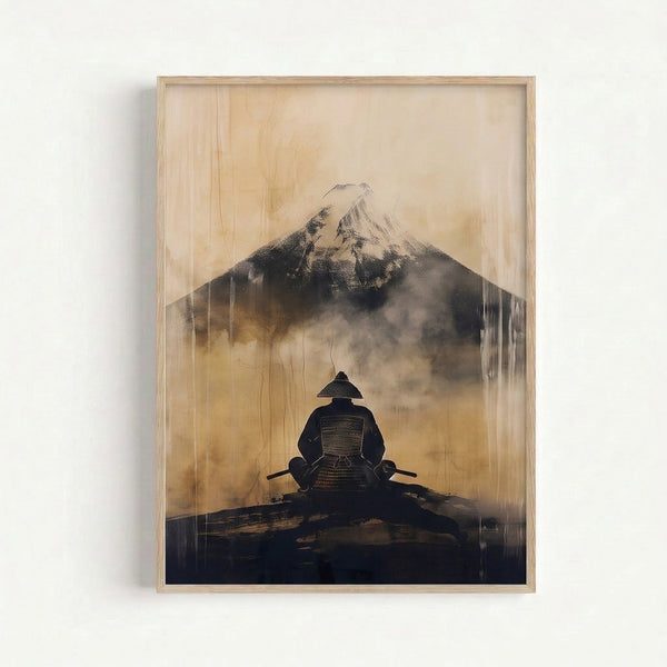 Wabi sabi wall art featuring a contemplative samurai figure with sword and armor gazing toward Mount Fuji, executed in muted cream and gray palette with minimalist composition.