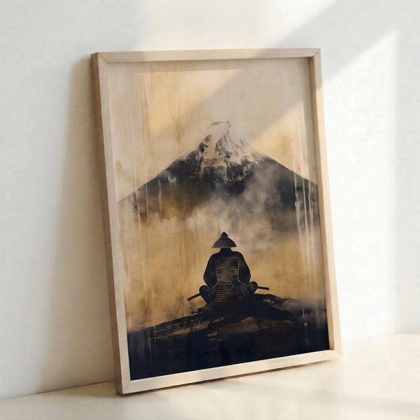 Framed Japandi art print showing a reverent samurai standing before Mount Fuji in a restrained minimalist style using soft cream, tan, and charcoal hues.