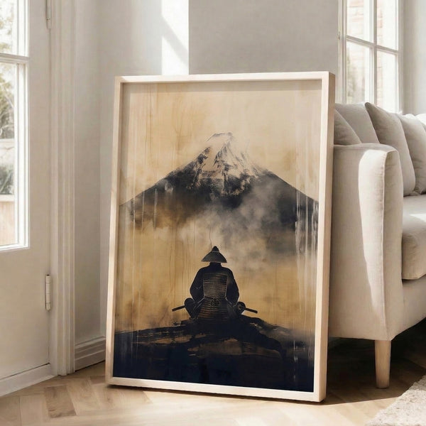 Zen-inspired artwork of an armored samurai in profile facing the sacred mountain, rendered as a framed poster in subtle burnt gold and mist gray tones with Japanese woodblock aesthetic.
