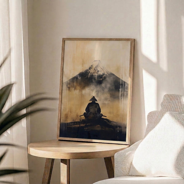Meditative samurai wall art in minimalist style with the warrior silhouetted against Mount Fuji, displaying traditional Japanese printmaking techniques in cream and charcoal.