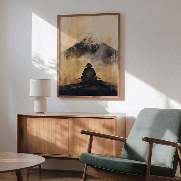 Stoic samurai portrait framed as a poster, gazing toward Mount Fuji with sword at side, captured in restrained minimalist Japanese art style with warm cream and dark charcoal palette.