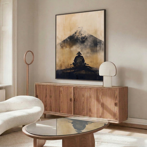Asian cultural wall art featuring a contemplative warrior and sacred mountain in minimalist composition, rendered as a framed poster with cream, tan, and burnt gold accents.