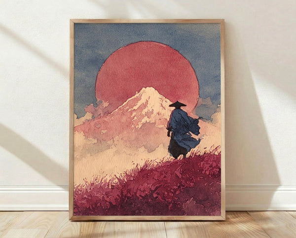 Framed Japanese woodblock-style poster depicting a solitary samurai figure silhouetted against a glowing coral-red sunrise behind Mount Fuji, rendered in minimalist strokes with cream, navy, and dusty rose tones.