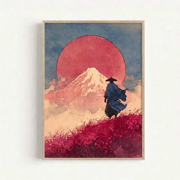 Serene Japandi wall art print showing a lone warrior gazing toward Mount Fuji as the sun rises in warm coral hues, featuring delicate brushwork in muted cream and slate gray against navy blue.
