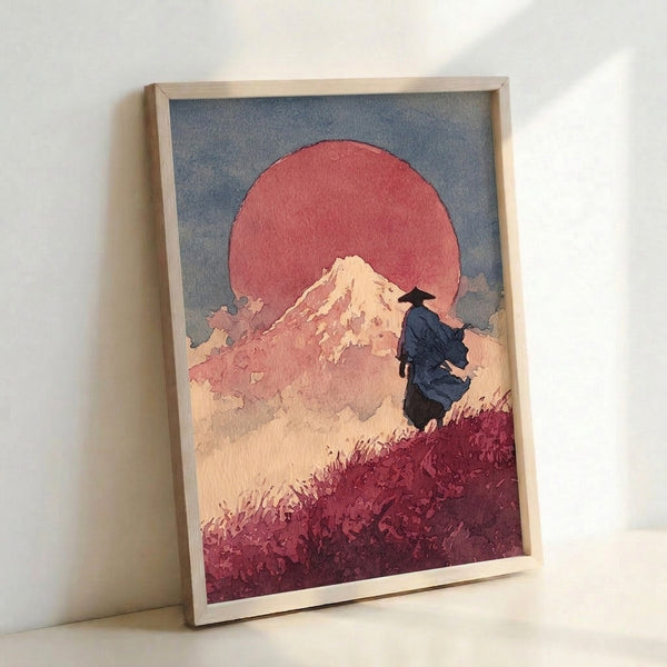 Contemplative Japanese landscape poster with a samurai in profile overlooking sacred Mount Fuji at dawn, its peak catching soft coral light; minimalist composition in navy, cream, and dusty rose palette.