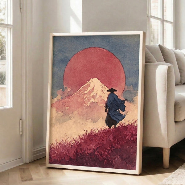 Reverent framed art print in Japanese woodblock tradition: a figure stands before Mount Fuji's silhouette as coral sunrise floods the sky, executed in restrained cream, slate gray, and navy brushwork.