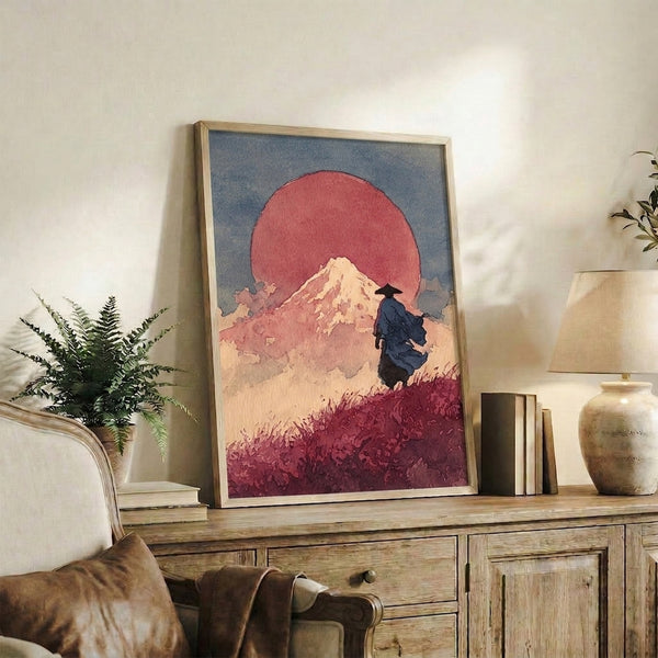 Minimalist Japandi wall print capturing a samurai's moment of reflection at sunrise over Mount Fuji, with glowing coral-red sky merging into cream and navy tones, evoking quiet contemplation.